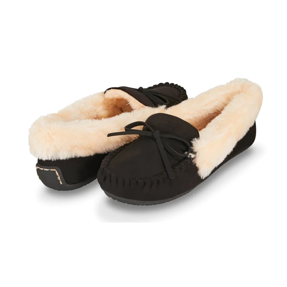 Women's Melani Moccasin Faux Suede Black Slippers, Size 11